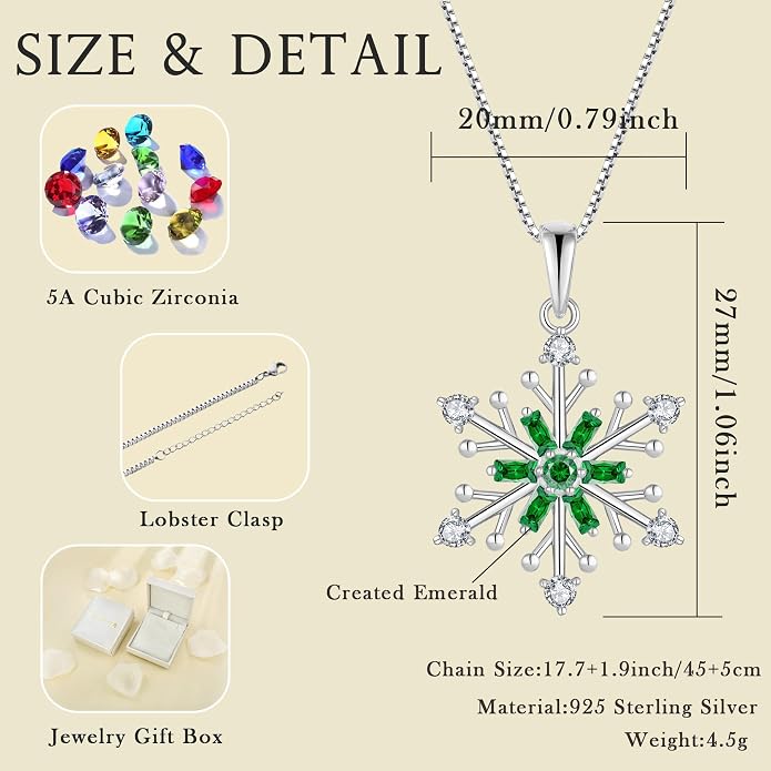 925 Sterling Silver Snowflake Necklace Birthstone Snowflake Pendant Necklaces for Women Cubic Zirconia Christmas Jewelry