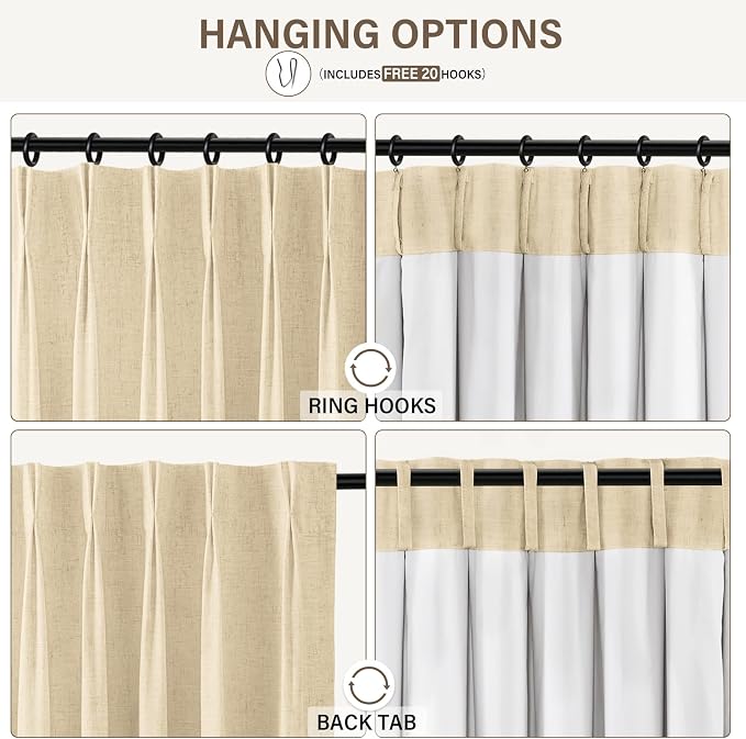CAPALOCA Pinch Pleated Curtains Blackout, Linen Blackout Curtains 108 inches Long 2 Panels Set for Bedroom, Thermal Insulated Pinch Pleated Drapes for Living Room, 40"W x 108"L (Pack of 2), Dark Linen