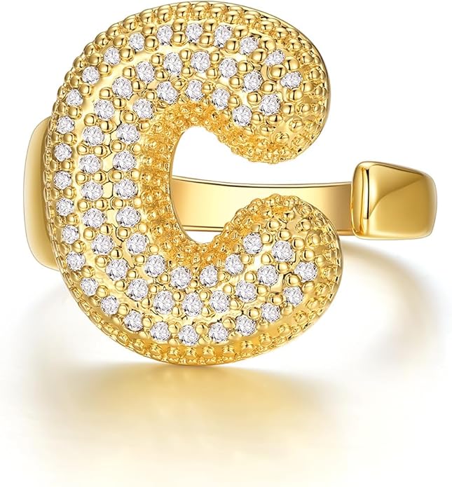 KeyStyle Bold Initial Letter Rings Adjustable, GoldChic Jewelry Women Gold Statement Ring Personalized Engraved Women’s Open Signet Ring for Party (Gold, White Gold, Black)