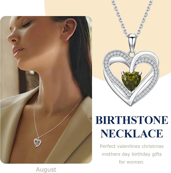Anniversary Charm Necklace, Sterling Silver 14K Gold Plated Chain with Interlocking Heart Pendant Elegant Birthstone Necklaces for Women, Length 18"