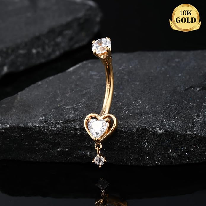 Melighting 14K Solid Gold Belly Button Ring Heart Belly Ring Gold Dangle Belly Piercing Jewelry 14G Navel Ring for Women