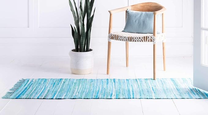Unique Loom Chindi Cotton Collection Soft Hand Woven Natural Fiber Striped Area Rug, 2 ft 7 in x 9 ft 10 in, Turquoise/Ivory