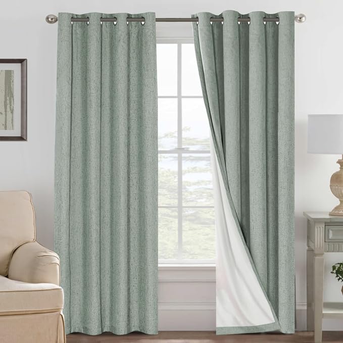 H.VERSAILTEX Linen Curtains 100% Blackout Curtains for Bedroom 90 inch Long Full Light Blocking Nature Linen Blended Window Curtains for Living Room Nickel Grommet (2 Panels, Green Bay)