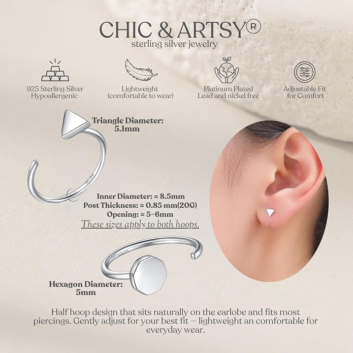 CHIC & ARTSY 925 Sterling Silver Half Hoop Earrings for Women, Small Huggie Hoops Set with Ball Bar Star Moon Cross & Pearl, Lightweight Comfort Fit Everyday & Sleep Earrings