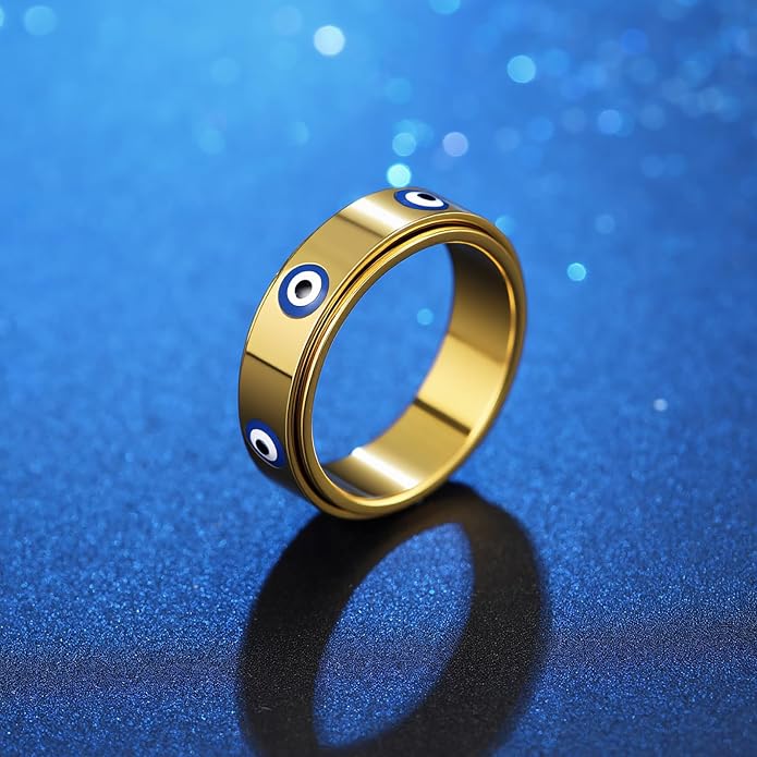 Evil Eye Fidget Ring for Women Men 18K Gold Plated, Anxiety Relief Spinner Ring Luck Charm Jewelry Gift, Size 6-10