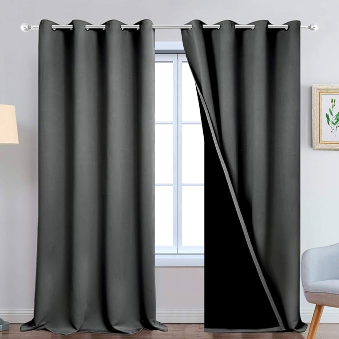 Yakamok Dark Grey 100% Blackout Curtains 108 Inches Long 52" Wide 2 Panels | Blackout Curtain Panels for Bedroom, 2 Thick Layers Grommet Top Thermal Insulated Drapes with Black Liner for Living Room