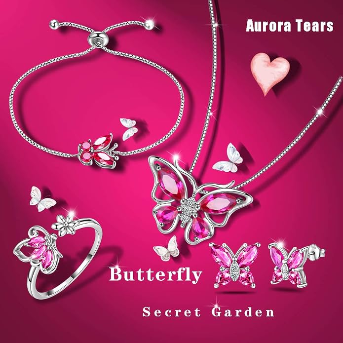 Aurora Tears Butterfly Jewelry,Women 925 Sterling Silver Butterflies Birthstone Pendant Necklace/Earrings/Rings Wedding Gift