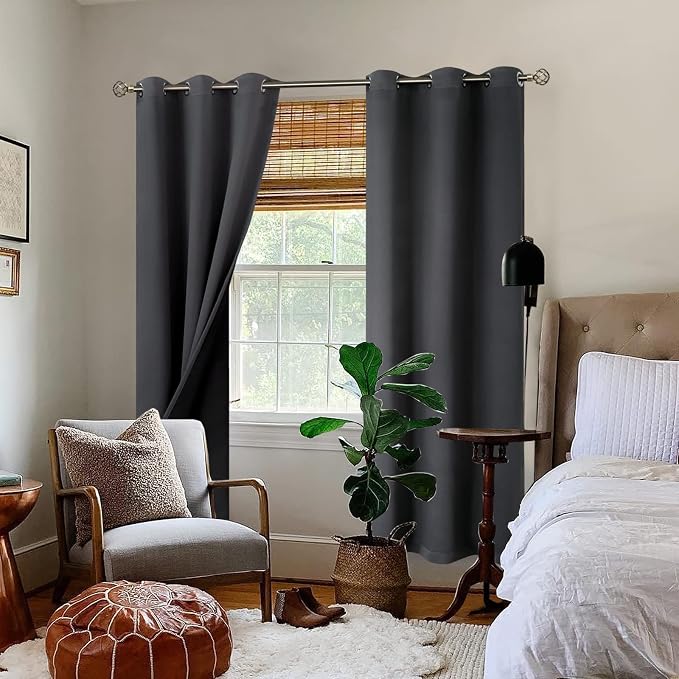 BGment Thermal Insulated 100% Blackout Curtains for Bedroom with Black Liner, Double Layer Full Room Darkening Noise Reducing Grommet Curtain (38 x 84 Inch, Dark Grey, 2 Panels)