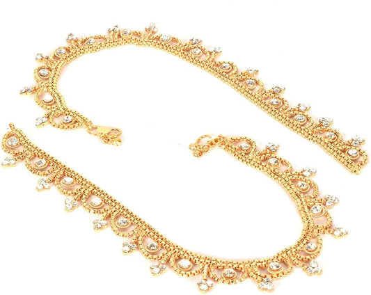 Jewar Anklet Payal Indian Traditional CZ Ad Plain Simple Handmade Natural Gold Plated Jewelry