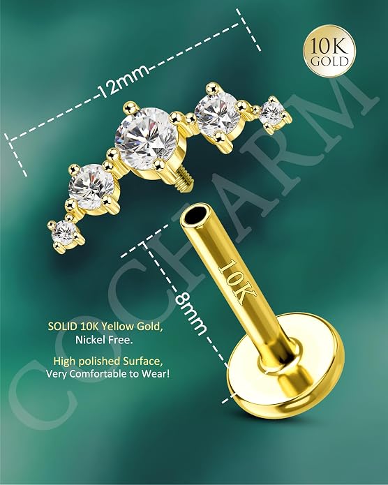 COCHARM Yellow Gold Helix Earring Stud 16g Flat Back 10K Real Gold Climber Helix Piercing Jewelry 6mm Solid Gold Cartilage Stud 8mm Cute 10kt Conch Stud Jewelry Hypoallergenic for Ears