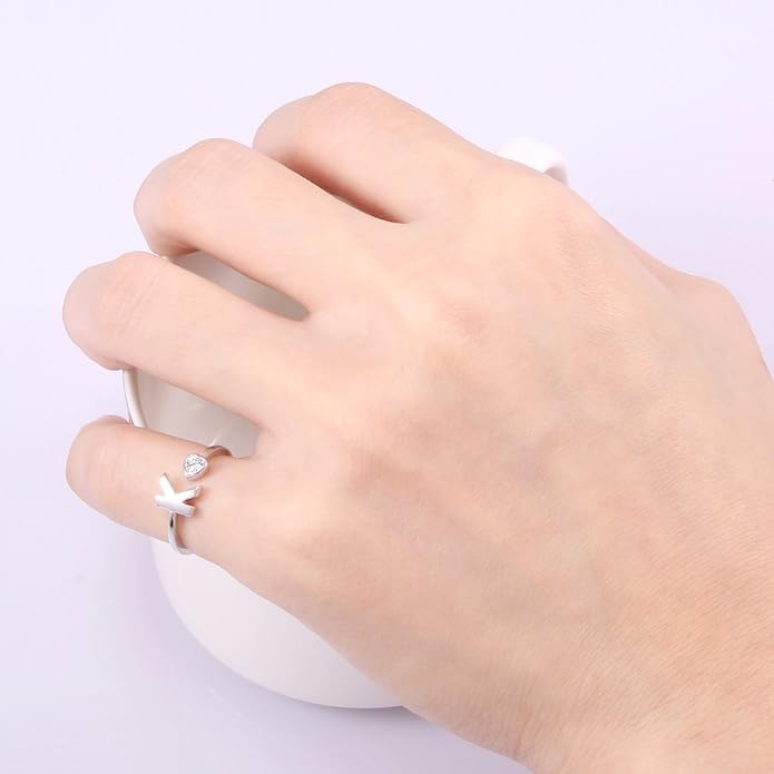 VIKI LYNN 925 Sterling Silver Rings Size 4.5 Adjustable Initial Letter Ring with Cubic Zirconia-Personalized Gifts for Women