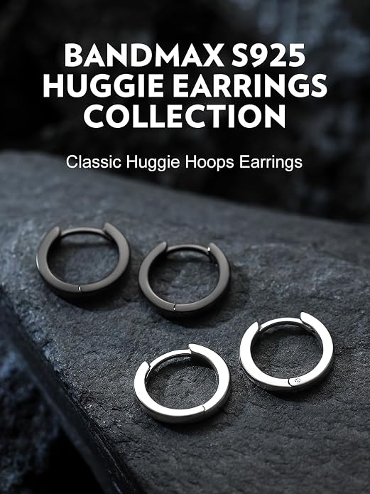 Bandmax 925 Sterling Silver Black Huggie Hoop Earrings 10mm Small Hypoallergenic Cartilage Piercing Jewelry for Women Men Gift