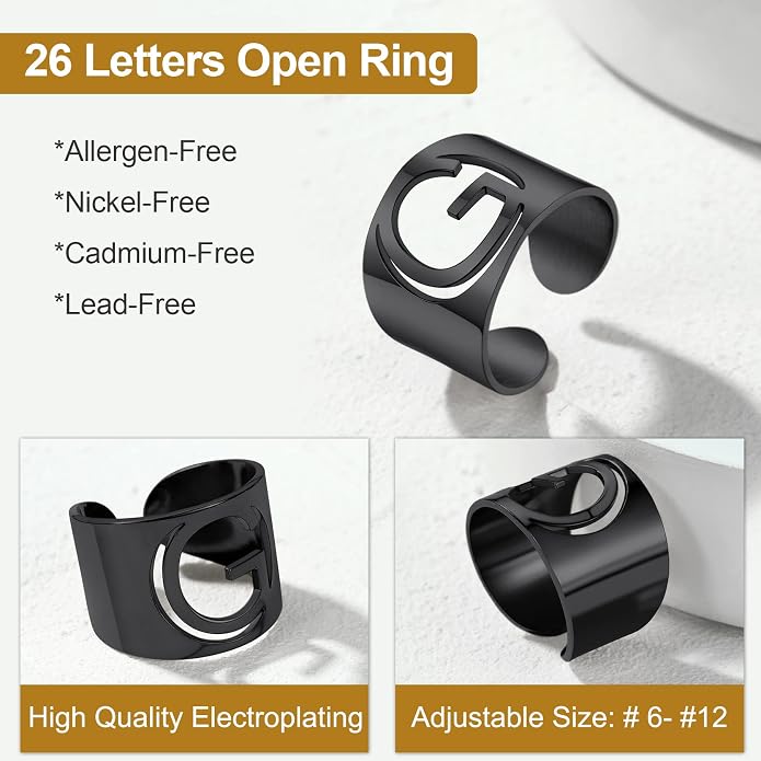 KeyStyle Bold Initial Letter Rings Adjustable, GoldChic Jewelry Women Gold Statement Ring Personalized Engraved Women’s Open Signet Ring for Party (Gold, White Gold, Black)