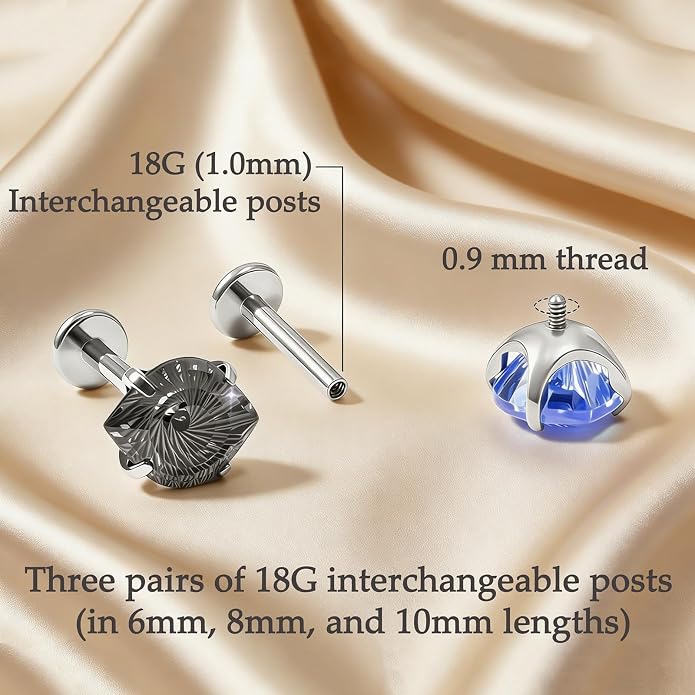 Flat Back Titanium Stud Earrings, Hypoallergenic G23 Titanium Eye Cut Cubic Zirconia Piercing,Eyebrow Versatile Labret Lip Cartilage Helix Sleeper 18G Punk style Jewelry for Women Men