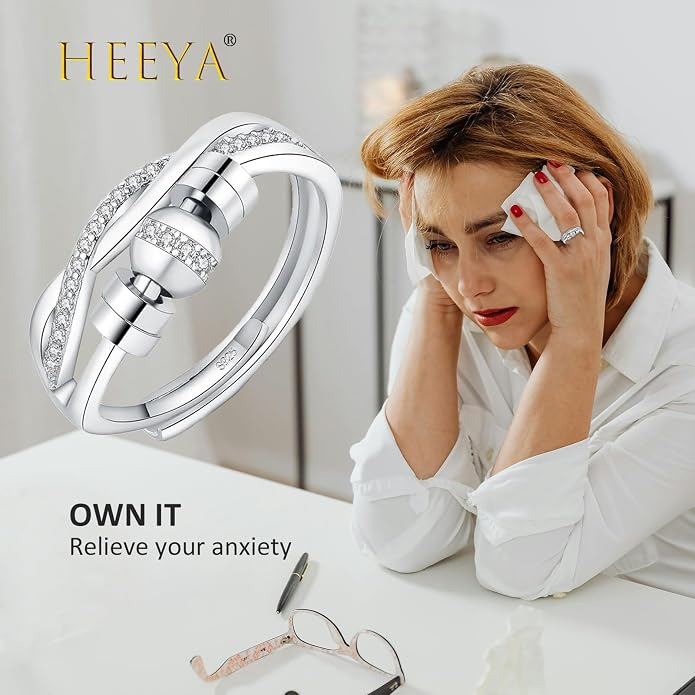 HEEYA Anxiety Rings for Women, Adjustable Sterling Silver Plated Fidget Rings with Beads, Stress Adjustable Spinner Ring, Thumb Jewelry for Birthday, Christmas, Valentine's Day