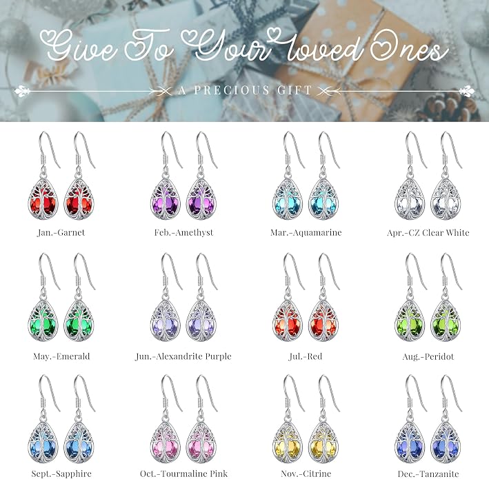 Eusense Sterling Silver Dangle Earrings for Women Tree of Life Animals Moonstone Turquoise Leverback Earrings Jewelry Gifts