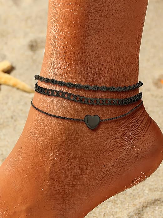 U7 2Pcs/3Pcs Ankle Bracelets for Women, Stainless Steel Cuban Link/Figaro/Rope/Heart Chain Anklets Sets,Waterproof Layered Anklets Adjustable 8.5"-10.5"