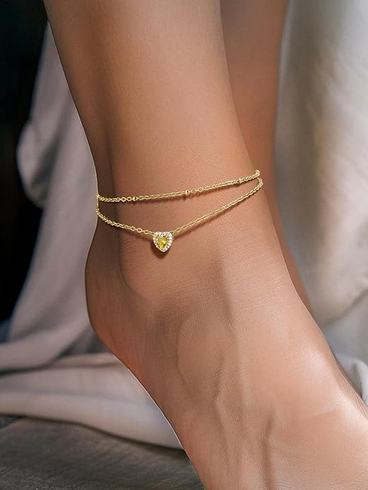 Richsteel Double Layer Heart/Butterfly Birthstone Anklet for Women Non Tarnish Waterproof, Silver/Gold/Black Stainless Steel 8.5-10.5 Inch Adjustable Chain Anklets Jewelry Gifts for Her