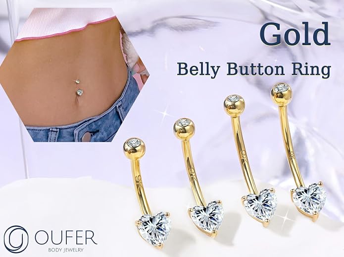 OUFER 14G Belly Rings, 9K Solid Gold Belly Button Rings, Heart Navel Rings, Internally Threaded Long Belly Piercing Jewelry for Women and Men
