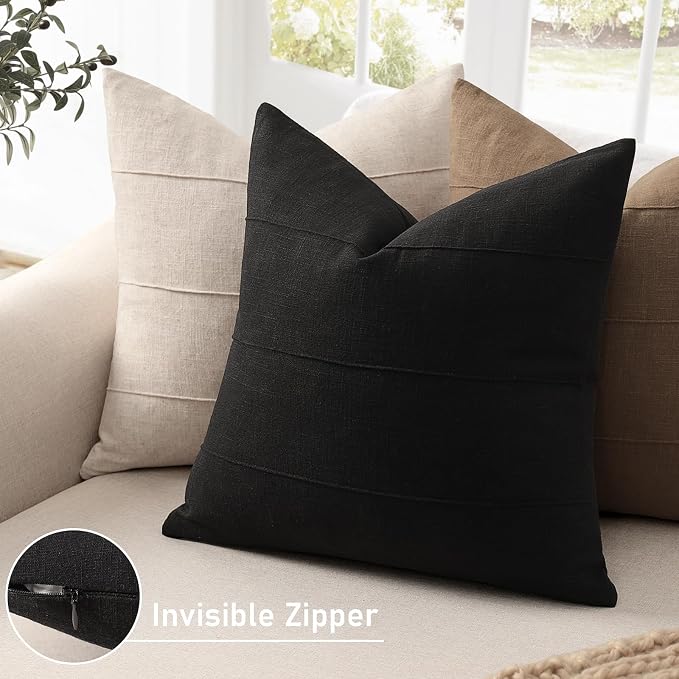 ZWJD 12x20 Pillow Covers Set of 2 Decorative Linen Lumbar Pillow Covers Solid Handcrafted Striped Cushion Covers for Bed Soft Modern Farmhouse Neutral Pillowcase for Couch Bedroom Living Room (Black)