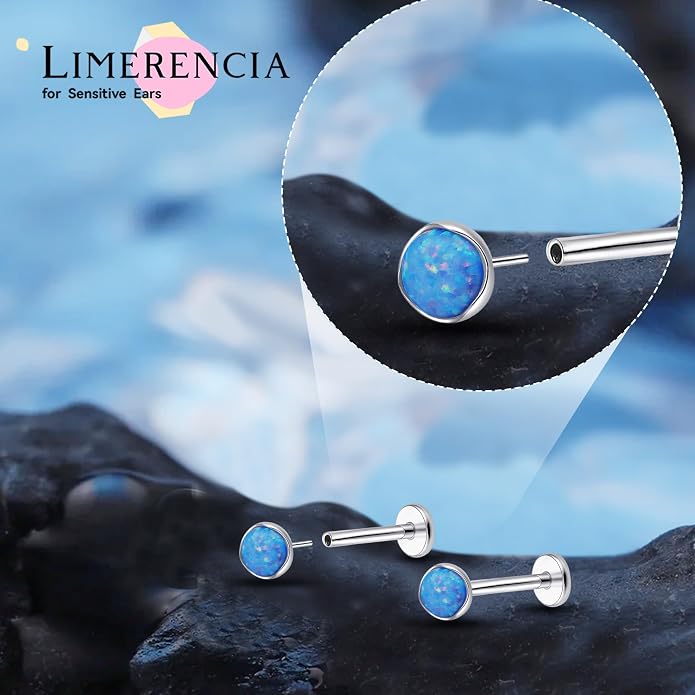 limerencia 18G Hypoallergenic Titanium Opal Threadless Nose Stud Earrings, 2PC Flat Back Push in Stud Earrings Labret Medusa Monroe Helix Cartilage Tragus Conch Piercing Jewelry for Women Men