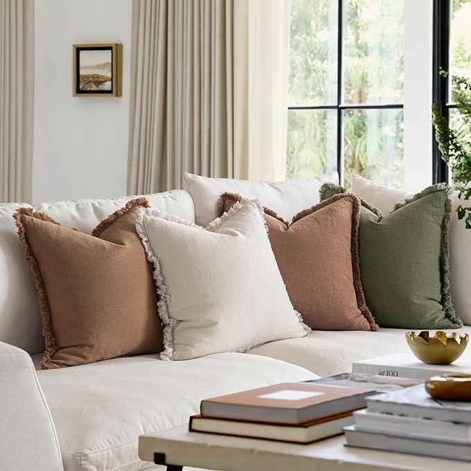 MIULEE Fall Linen Fringe Pillow Covers Set of 4 20x20 Beige/Brown/Green | Boho Farmhouse Decorative Throw Pillow Covers, Neutral Soft Rustic Cushion Cases, for Couch Sofa Bed Living Room Home Decor
