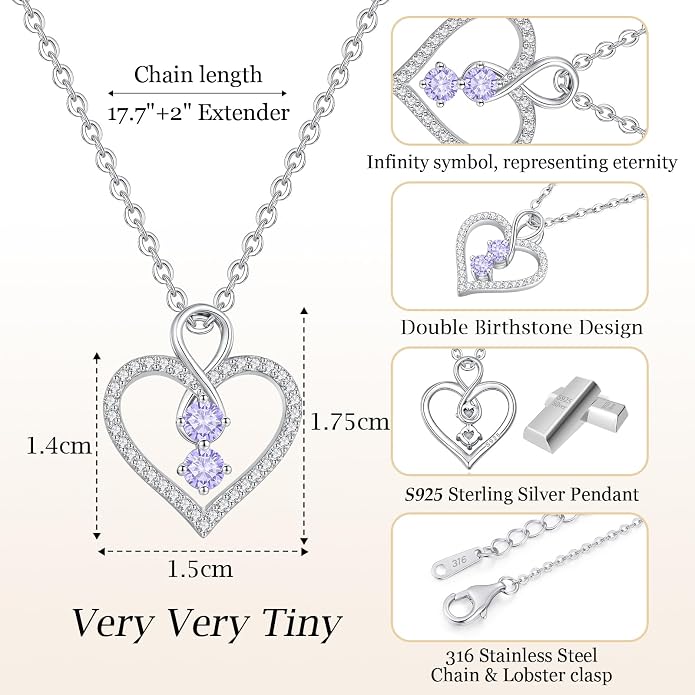 LOUISA SECRET Double Birthstone Necklaces for Women, 925 Sterling Silver Infinity Love Heart Pendant Necklace for Her, Birthday Anniversary Valentine's Day, Christmas, Wedding, Graduation Gift for Her, Personalized Gifts, Jewelry Gifts for Wife Mom Gir...