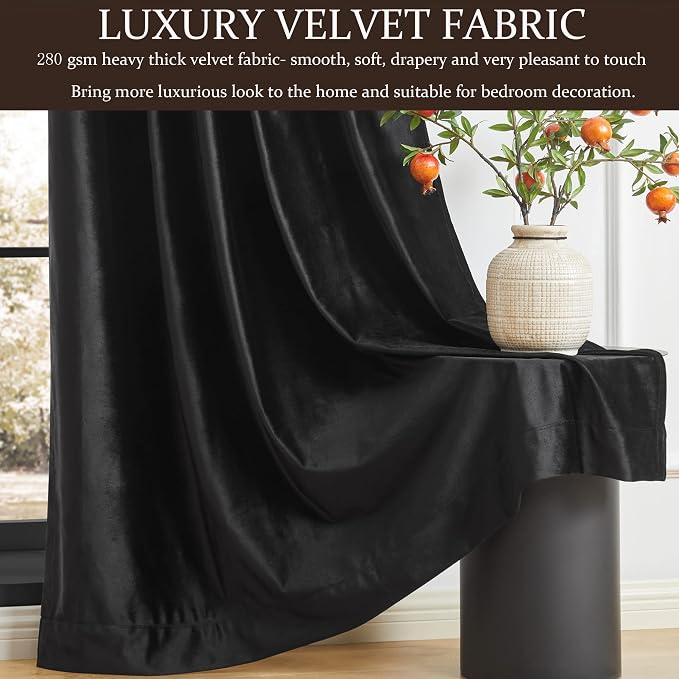 100% Blackout Black Velvet Curtains 102 inch Long for Living Room,Elegant 2 Panel Back Tab Thermal Insulated Room Darkening Curtain with Liner Heavy Noice Reducing Soundproof Window Drapes for Bedroom