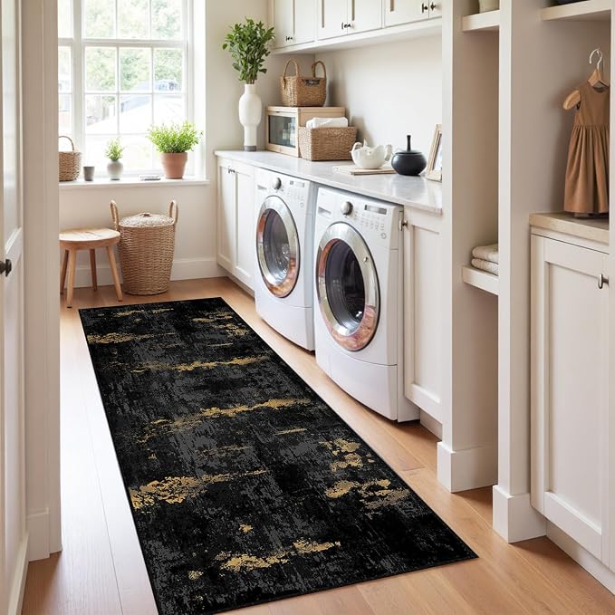 RELEANY Washable Area Rugs 2'x10' Non-Slip Modern Abstract Soft for Living Room Entryway Bedroom Kitchen, Print Pattern, Dark Black Gold