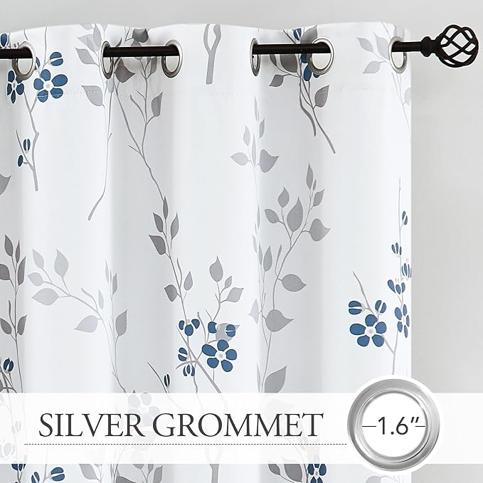 Beauoop Floral 100% Blackout Curtains for Bedroom Blue Grey 52X63 2 Panels | Flower Patterned Blue White Room Darkening Drapes for Living Room Thermal Insulated Soundproof Window treatment Grommet