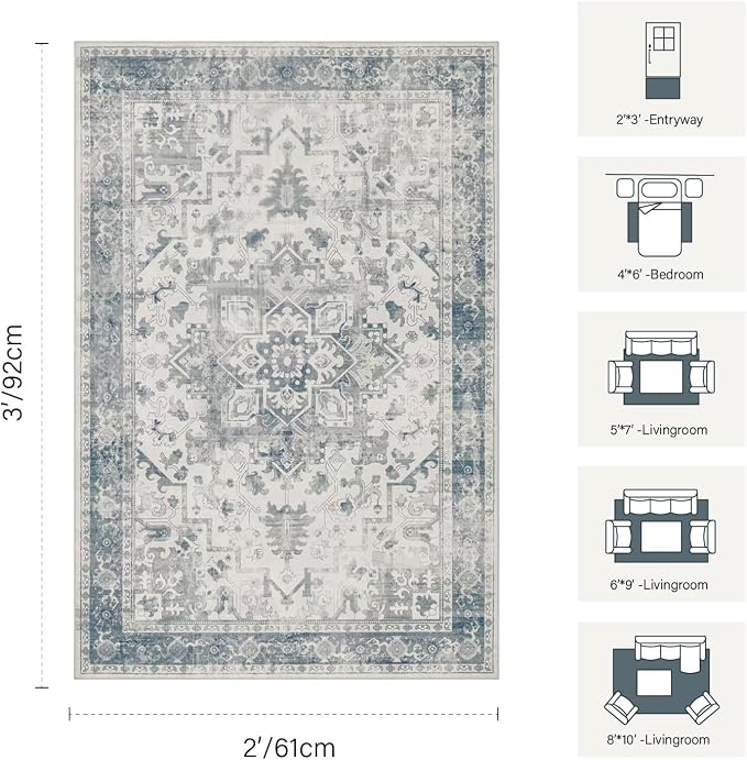 Rugxara 2x3 Entryway Rug,Door Mat Indoor Entrance, Washable Non Slip Kitchen Bathroom Rugs, Ultra-Thin Throw Small Rug for Front Door, Blue Grey