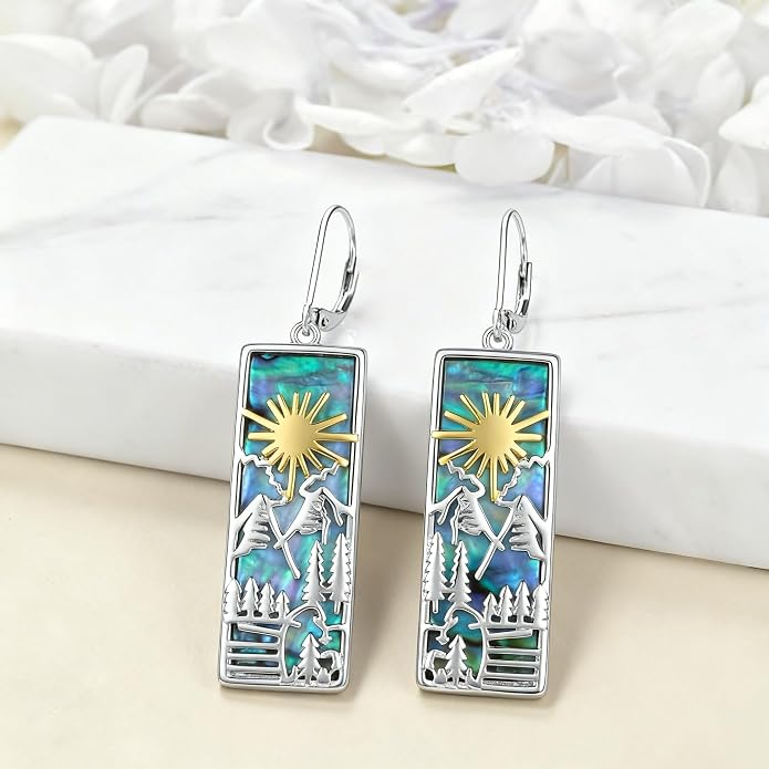 Mountain Earrings 18K White Gold Plated Turquoise/Abalone Shell Mountain Dangle Drop Earrings Jewelry Gift for Skiers, Hikers, Campers, Climbers Lovers