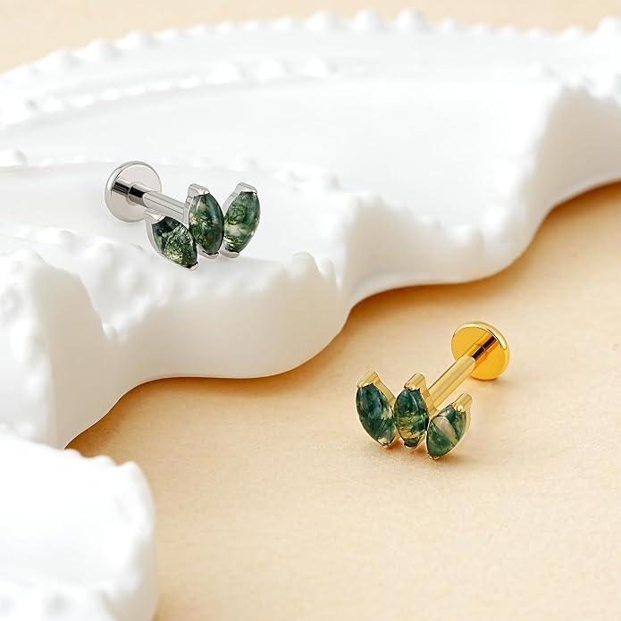 FINE4U 16G Moss Agate Body Piercing Jewelry for Helix Flat Tragus Lobe 16G 6mm 8mm - ASTM F136 Titanium Screw on Flat Back Stud, Hypoallergenic Cartilage Earring