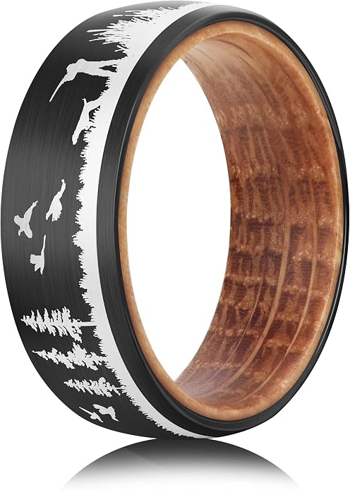 Forest Rings for Men 8 mm Black Plated Wedding Band with Wood Liner Comfort Fit