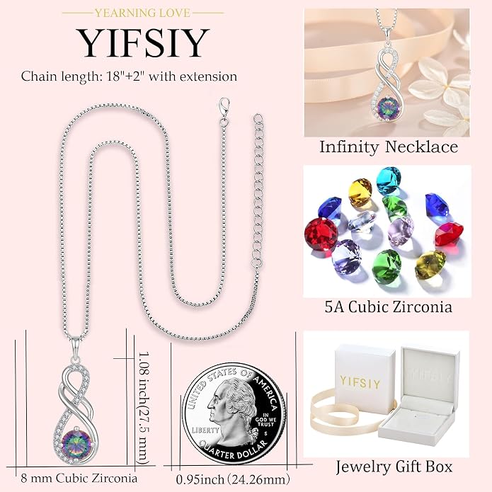 Gemstone Infinity Pendant Necklaces for Women, S925 Sterling Silver Round cut Zircon Necklace Birthstone Jewelry Gift for Her