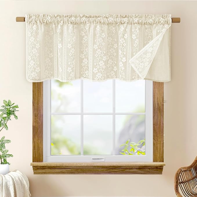 ASPMIZ Linen Valances for Windows Double Layers Valance Curtains Farmhouse Kitchen Curtains with Lace, Short Rustic Curtain for Bathroom Window, Kitchen, Cafe, 52 x 18 Inch Rod Pocket 1 Panel, Beige