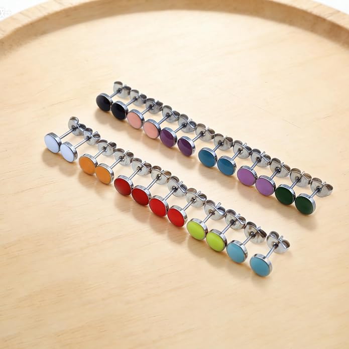 JMLOON 12 Pairs Enamel Flat Back Stud Earrings Surgical Stainless Steel Round Heart Star Square Hexagon Screw Back Stud Earrings