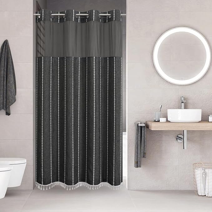 eachope No Hook Stall Shower Curtain with Snap-in Fabric Liner - 54x80 Heavy-Duty Linen Textured Striped Design,Narrow Rustic Modern Farmhouse Bohemian Bathroom Curtain,Water-Repellent,Charcoal Grey