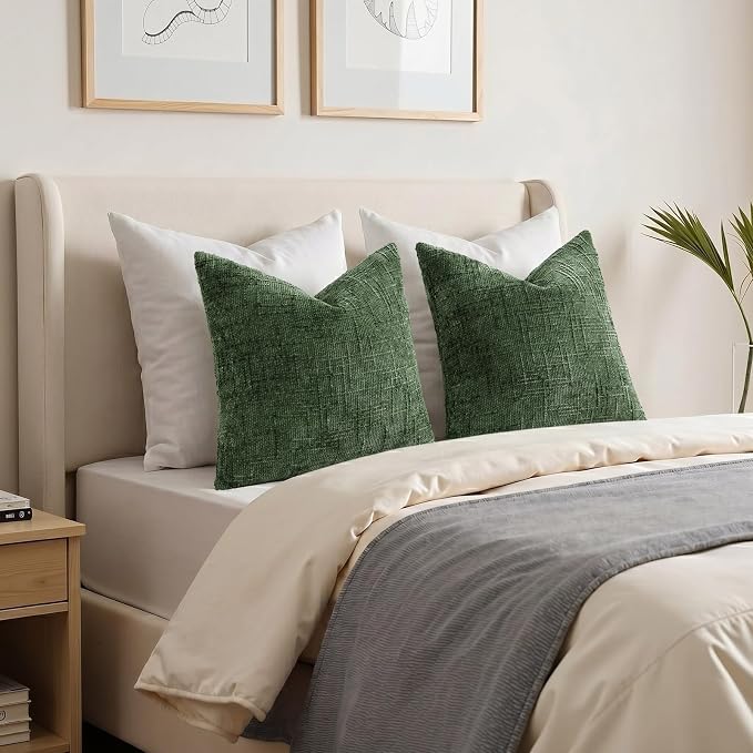decorUhome Textured Chenille Throw Pillow Covers 26x26 Set of 2 Emerald | Fall Modern Farmhouse Soft Cozy Slubby Couch Pillow Cases Boho Decorative Pillow Cases for Bed Sofa Living Room Home Decor