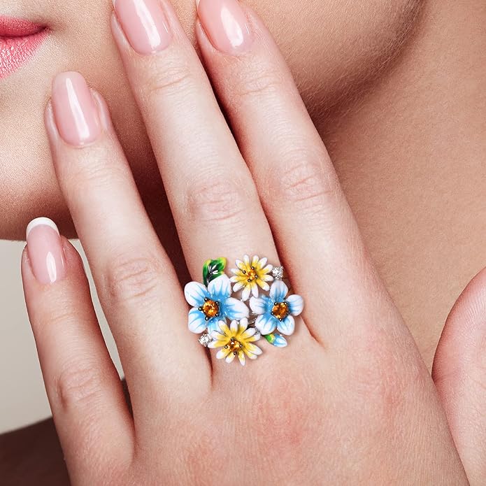 Santuzza 925 Sterling Silver Enamel Flower Ring for Women
