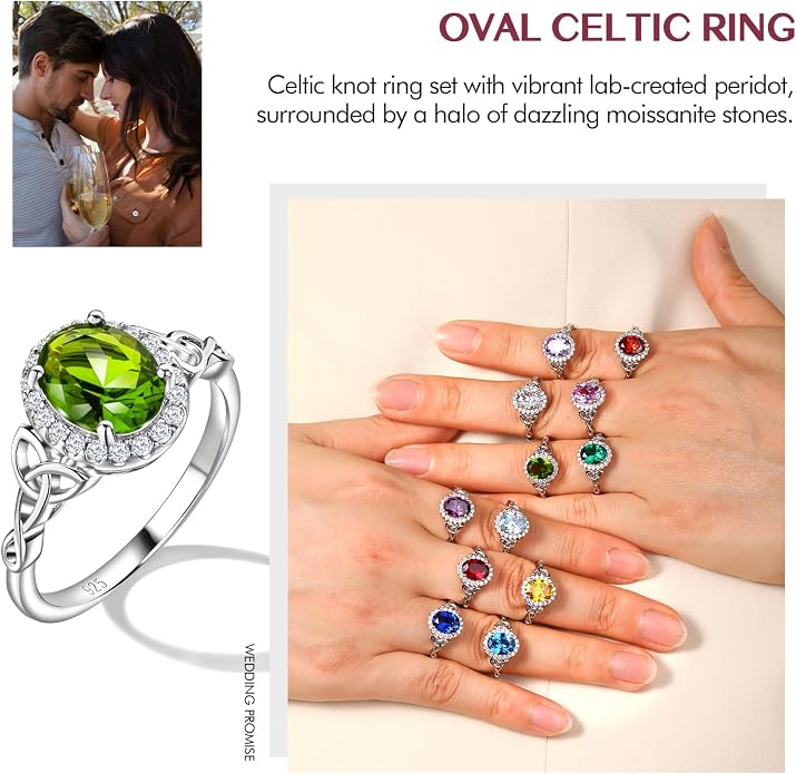 DAYBYDAY Celtic Birthstone Rings for Women 925 Sterling Silver Heart/Round/Pear/Oval Created Gemstone Moissanite Halo Engagement Promise Rings for Her Wife Birthday Anniversary Wedding Jewelry