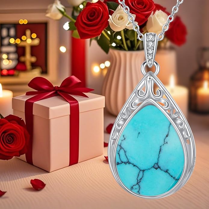 HPQQ Teardrop Necklace 925 Sterling Silver Filigree Gemstone Pendant Necklace Fine Jewelry Birthday Mother's Day Gifts for Women Her Mom