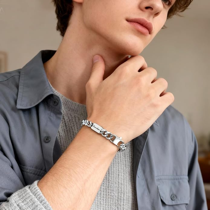 VNOX Father Gift for Dad Bracelet- Engraved Husband Son Grandson Brother Silver Stainless Steel Cuban Link Chain Bracelet Gift for Birthday Valentines