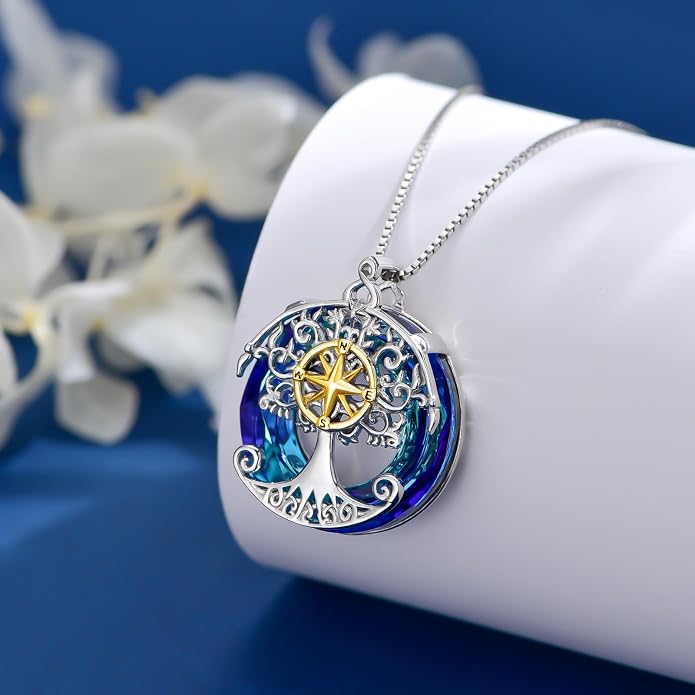 TOUPOP Tree of Life Necklace 925 Sterling Silver Celtic Knot Tree Pendant Jewelry with Blue Crystal Christmas Gifts for Women