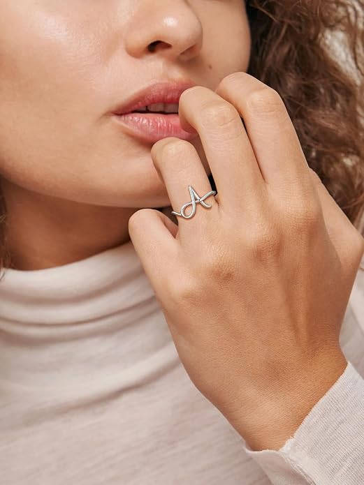 SILVERCUTE S925 Initial Rings, Adjustable Size 6-12 Statement Alphabet Letter A-Z Jewelry Personalized Twisted Initials Rings Sterling Silver Stacking Ring for Women