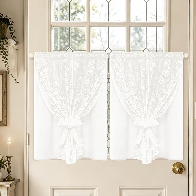 ASPMIZ Linen Kitchen Curtains Double Layer Kitchen Window Curtains Over Sink 36 Inch Length White Tier Curtain Light Filtering, Rod Pocket Cafe Curtain Short Window Treatments with 2 Tiebacks, 26x36
