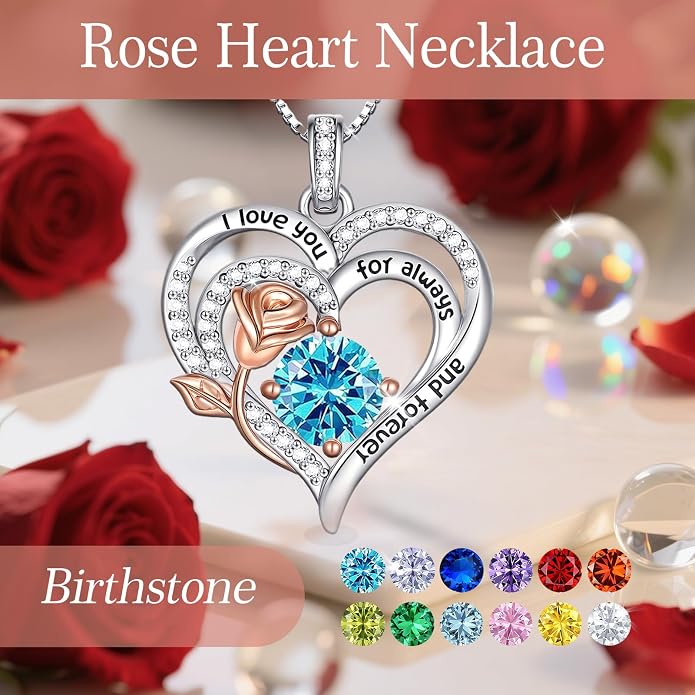 Birthstone Heart Necklaces for Women 925 Sterling Silver Fine Jewelry Rose Pendant Necklace Anniversary Birthday Mothers Day Gifts Her Wife Women Mom Daughter