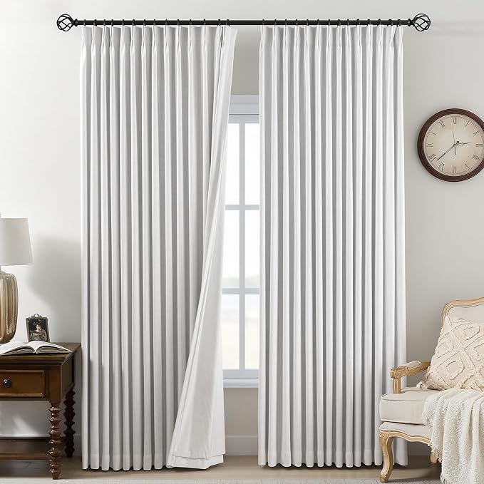 Pinch Pleated Curtains 100% Blackout Linen Curtains 90 Inches Long for Bedroom Living Room, White Memory Trained Thermal Insulated Room Darkening Window Pleat Drapes with Hooks, 2 Panels, 40"Wx90"L