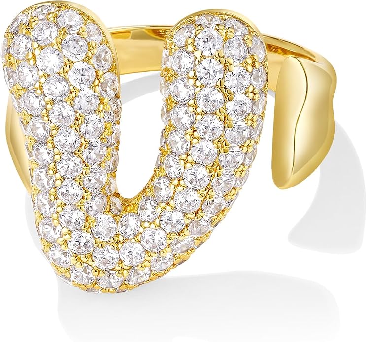 KissYan Bubble Initial Ring for Women, 14K Gold Plate Balloon Jumbo Letter Rings Open Adjustable Dainty Pave CZ Personalized Fashion Jewelry Gift for Mother's Day