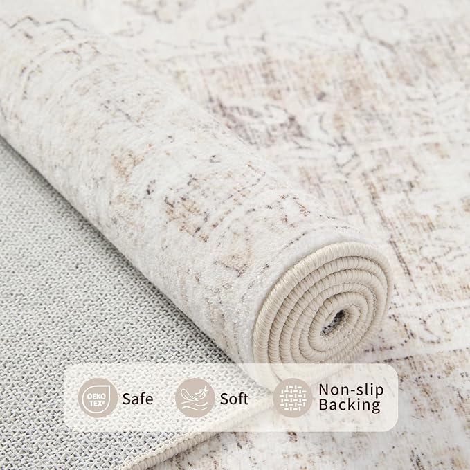 Rugxara 8x10 Washable Area Rug for Living Room, Extra Large Neutral Vintage Boho Rugs for Office, Kids Room, Farmhouse, Durable Low Pile Non Slip Carpet for High Traffic Areas - Beige